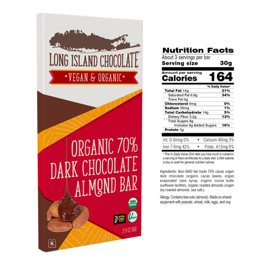 Long Island Chocolate 70% Organic Dark Chocolate Salted Almond Bar