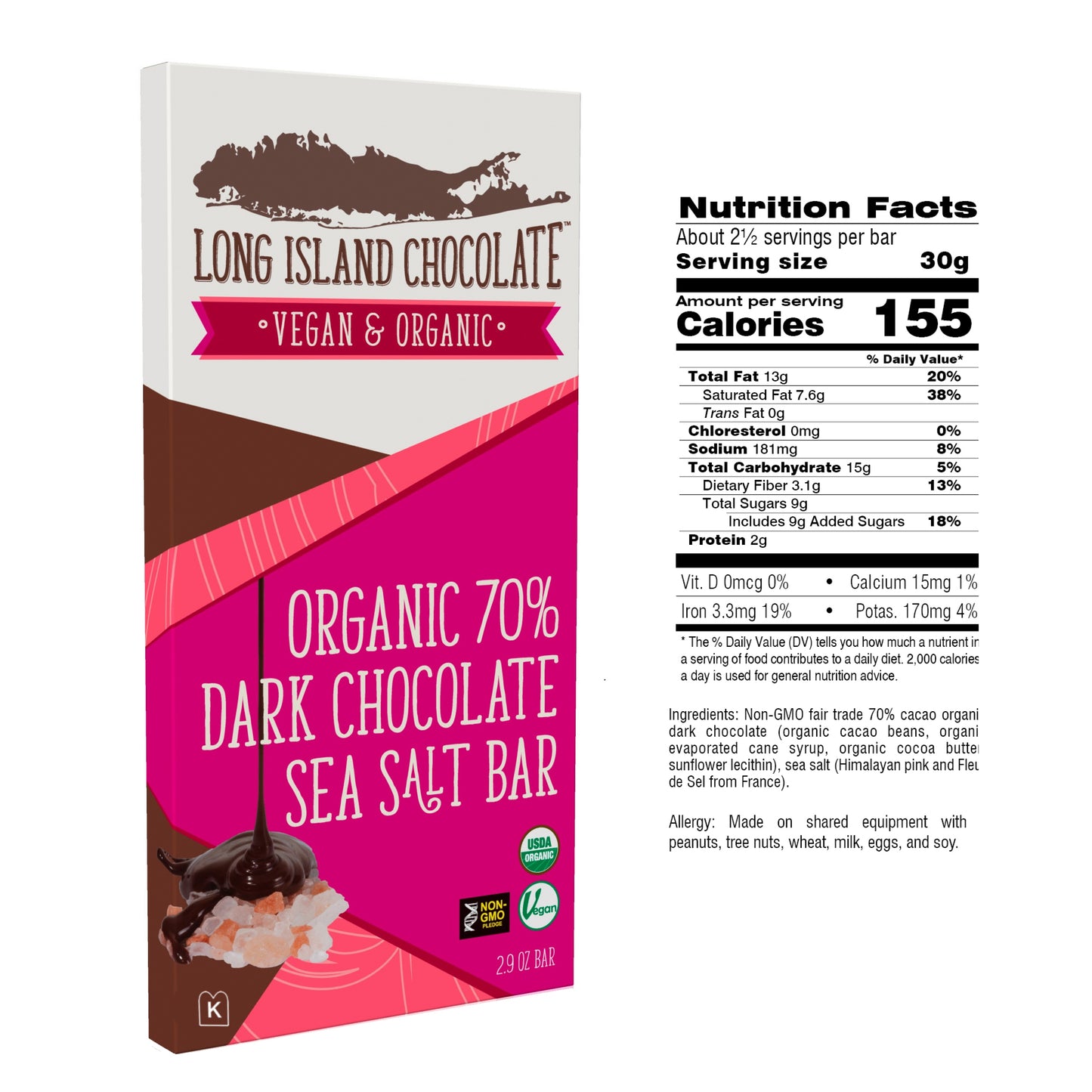 Long Island Chocolate 70% Organic Dark Chocolate Sea Salt Bar
