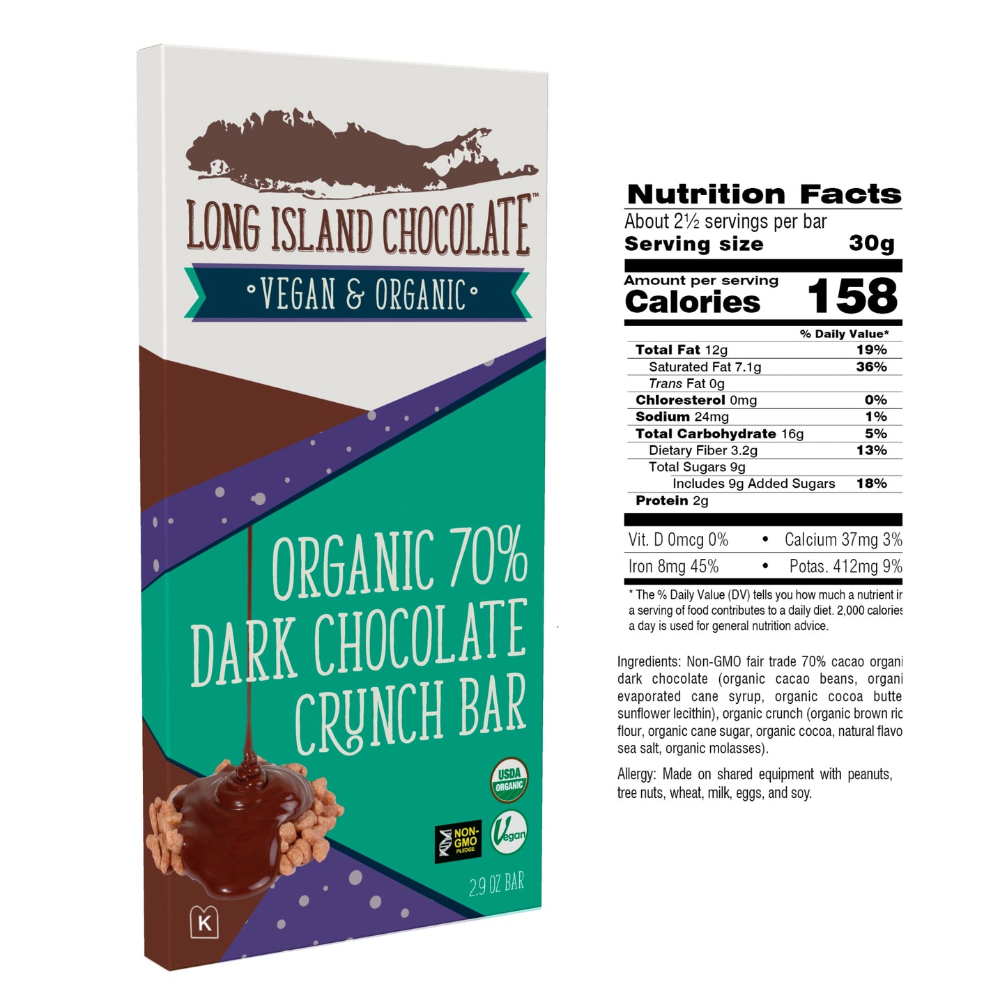 Long Island Chocolate 70% Organic Dark Chocolate Crunch Bar