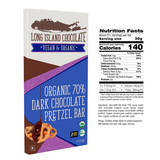 Long Island Chocolate 70% Organic Dark Chocolate Pretzel Bar